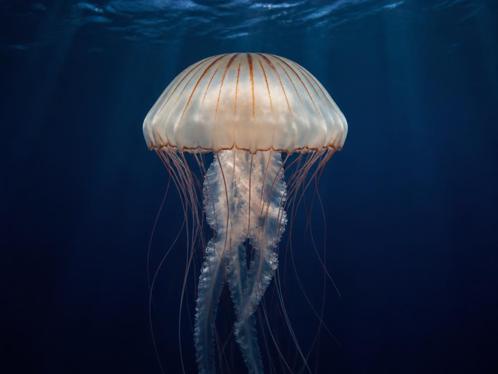 A translucent white Atlantic sea nettle with long trailing tentacles
